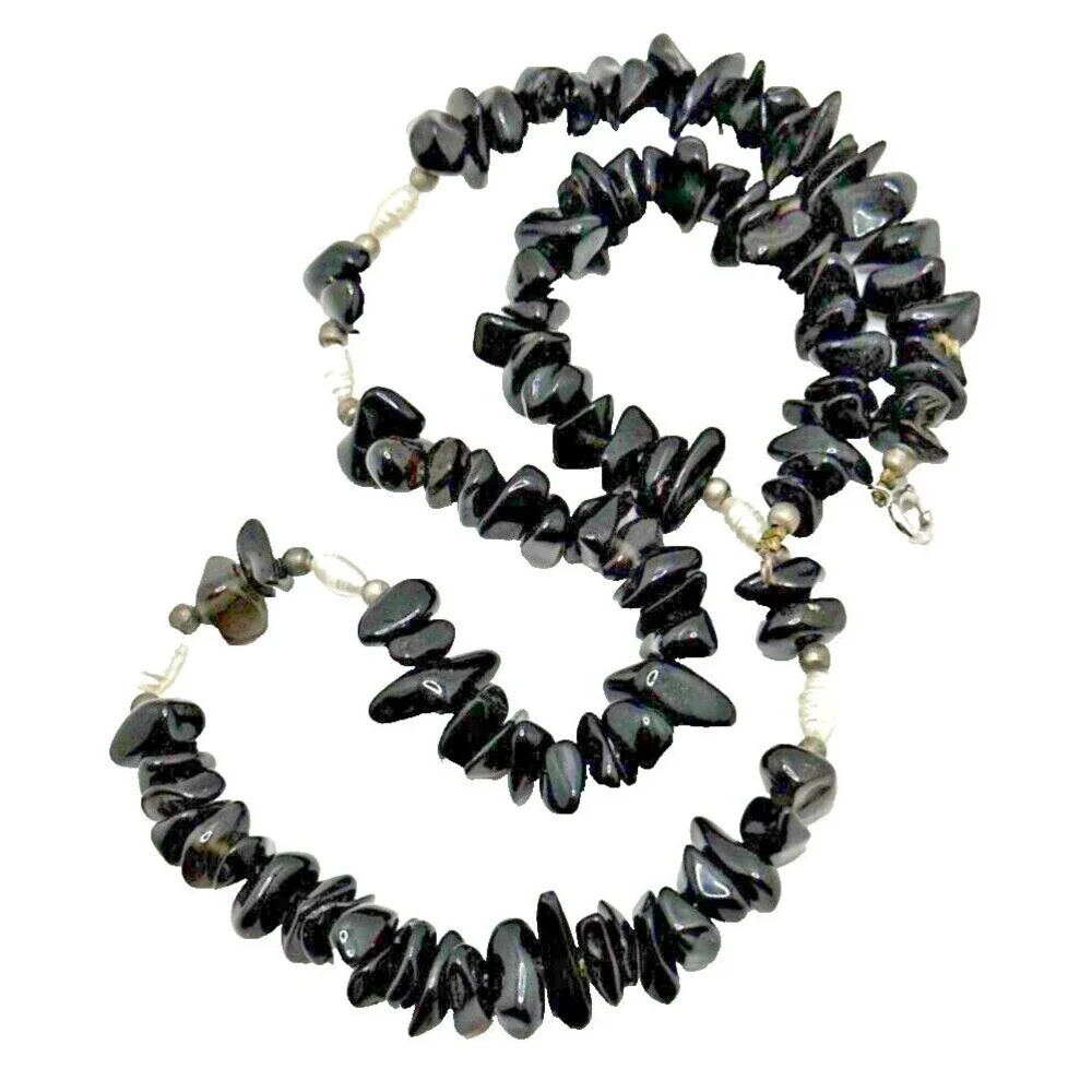 Vintage Black Onyx Quartz Bead Necklace Faux Pearl 925 Sterling Silver Clasp 19